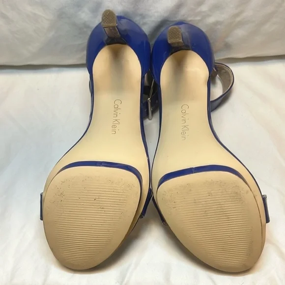Calvin Klein Patent Leather Blue Heels with Ankle Strap and Buckle - Picture 7 of 9